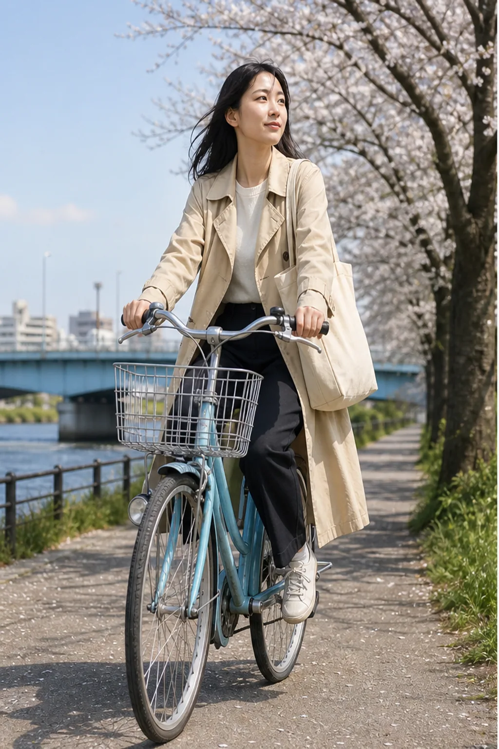 成年女性骑自行车经过春日河岸的写实照片