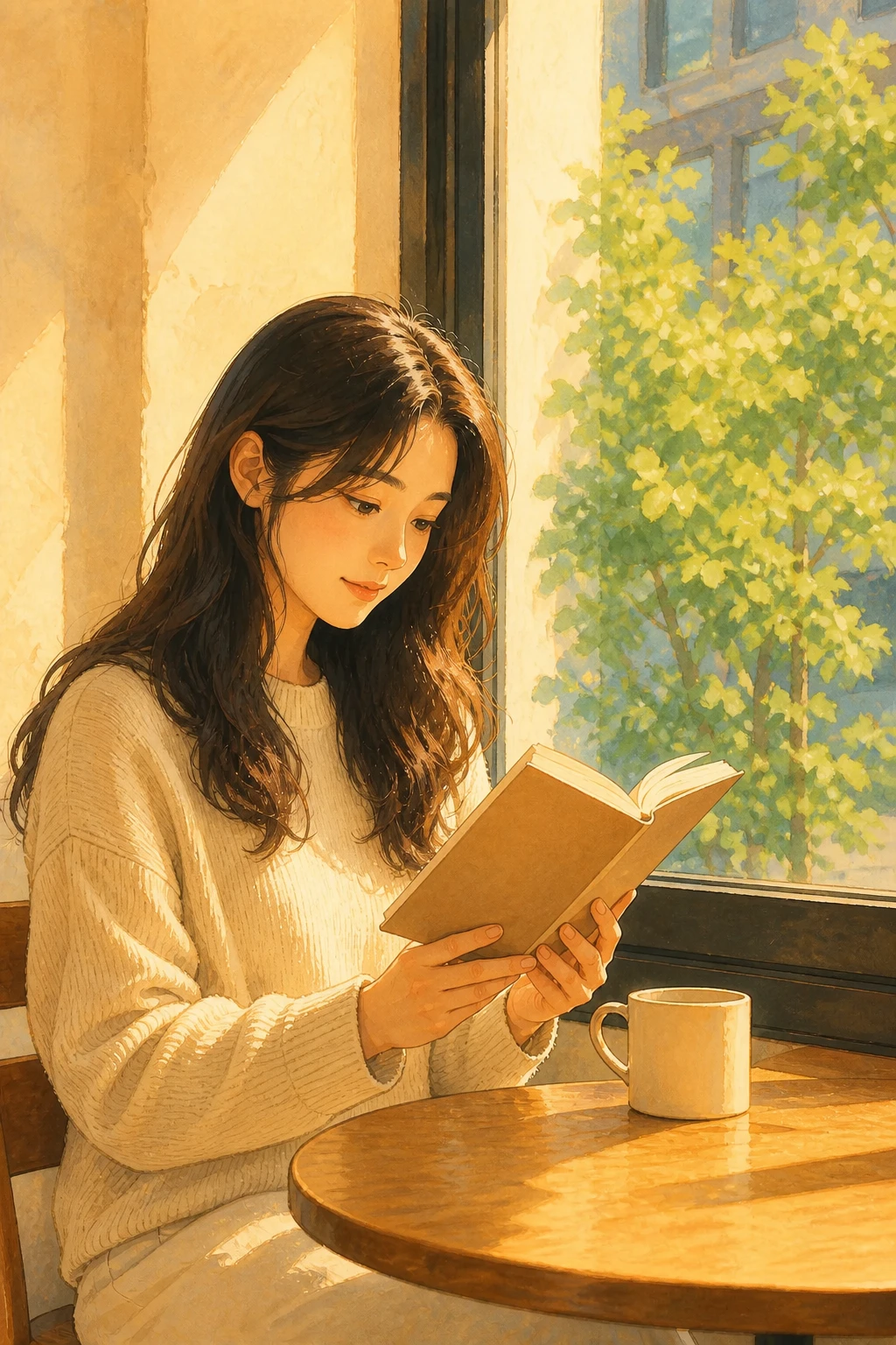 成年女性在阳光洒入的咖啡馆窗边阅读的温暖手绘动画场景