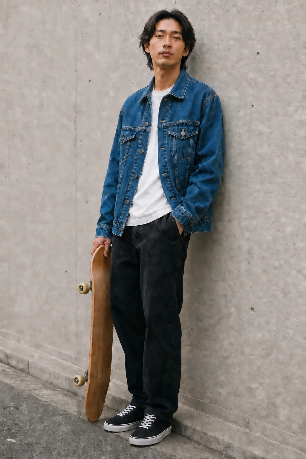 成年男性身穿牛仔服手持滑板站在城市墙前的原始照片