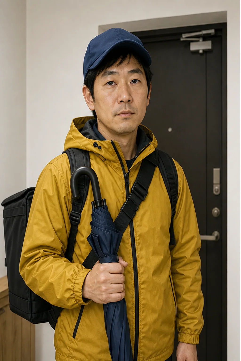 成年男性自行车信使穿黄色雨衣的写实半身照片