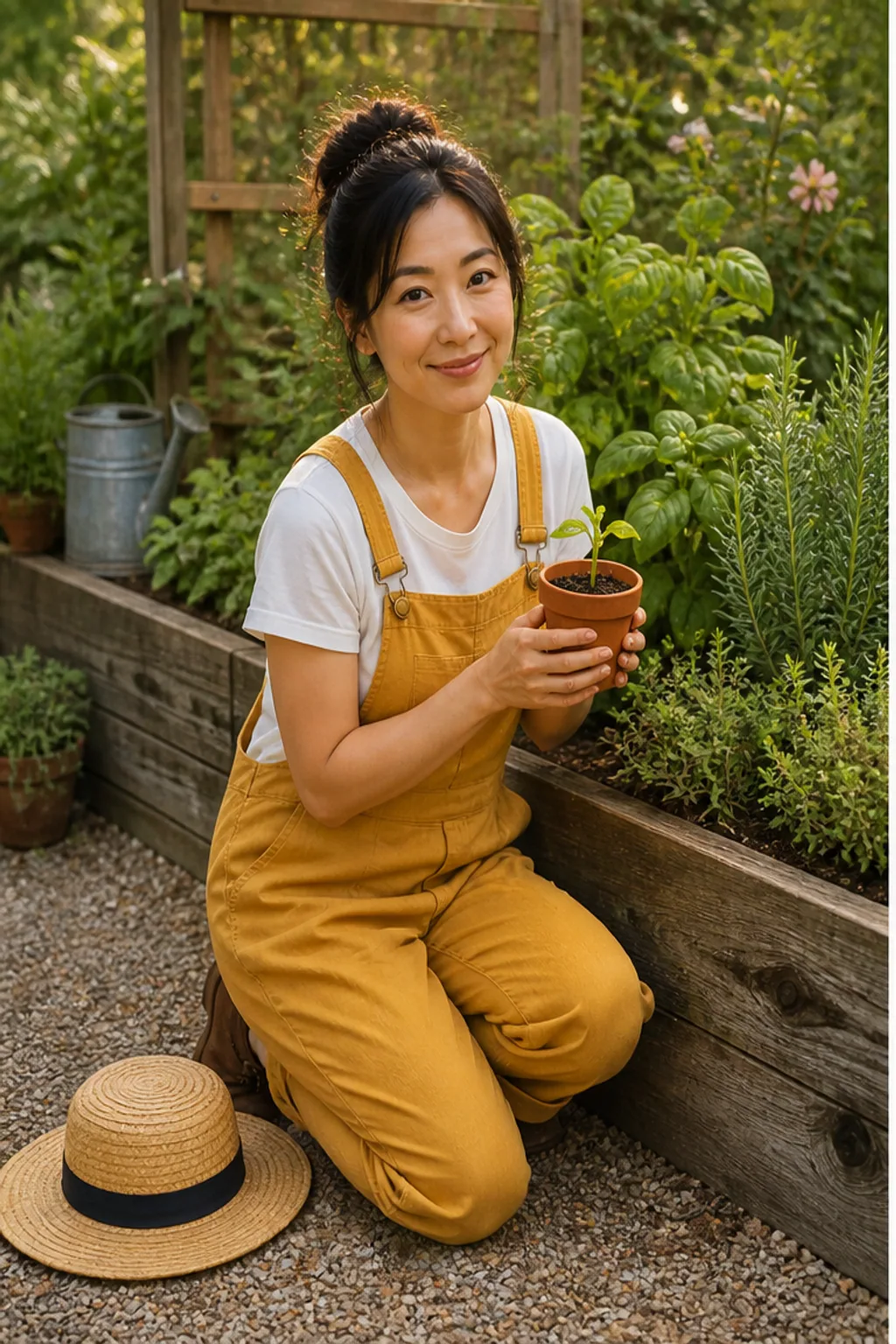 成年女性园艺师在菜园手持幼苗花盆的写实照片