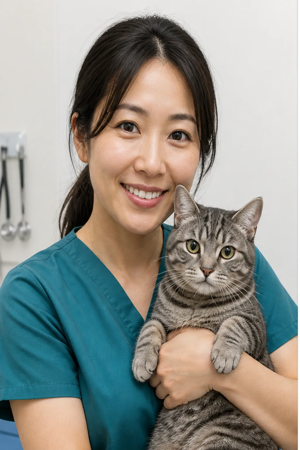 成年女性兽医穿青色工作服抱灰色虎斑猫的写实头像