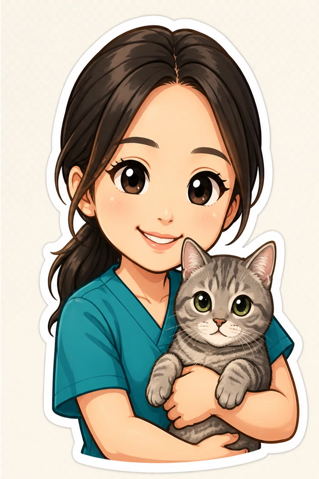兽医与虎斑猫转化为带白色模切描边的Q版贴纸头像