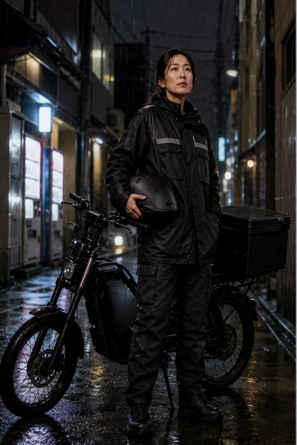 成年女性摩托信使站在雨夜巷道与电动摩托旁的写实照片