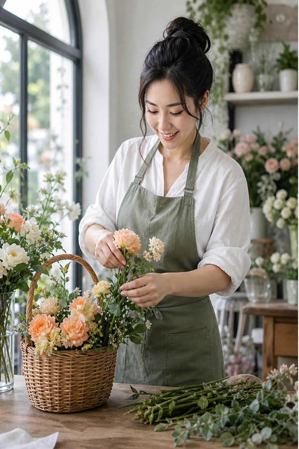 成年女性花艺师在拱窗花店整理花束的写实照片