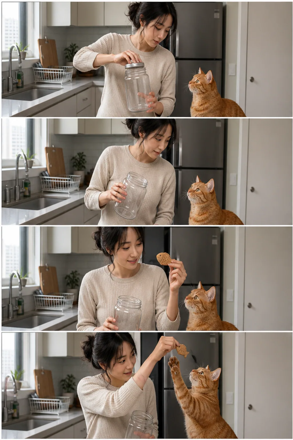 成年女性与橘猫在厨房寻找零食的四个连续写实瞬间