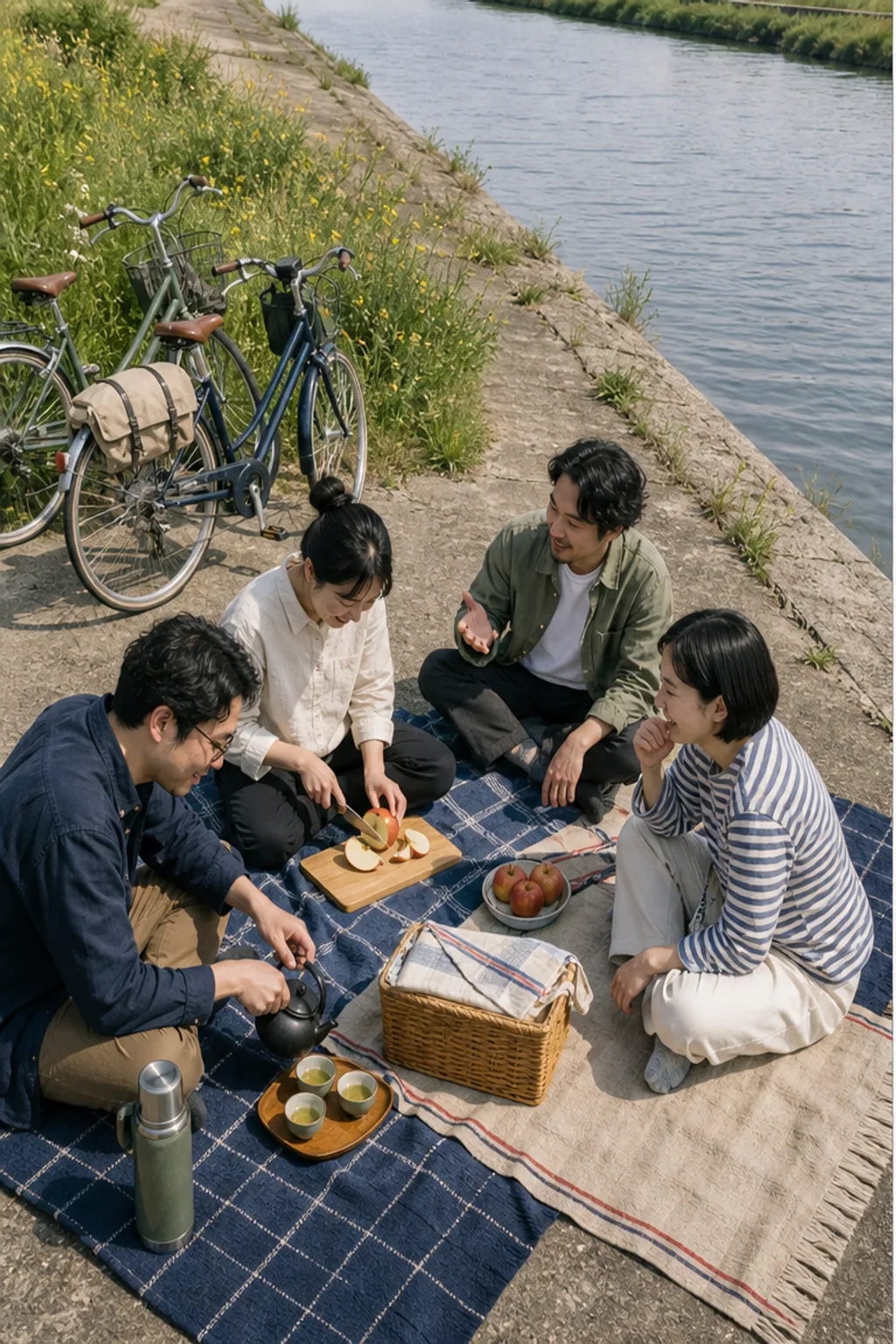 四名成年朋友在河堤野餐饮茶的写实照片