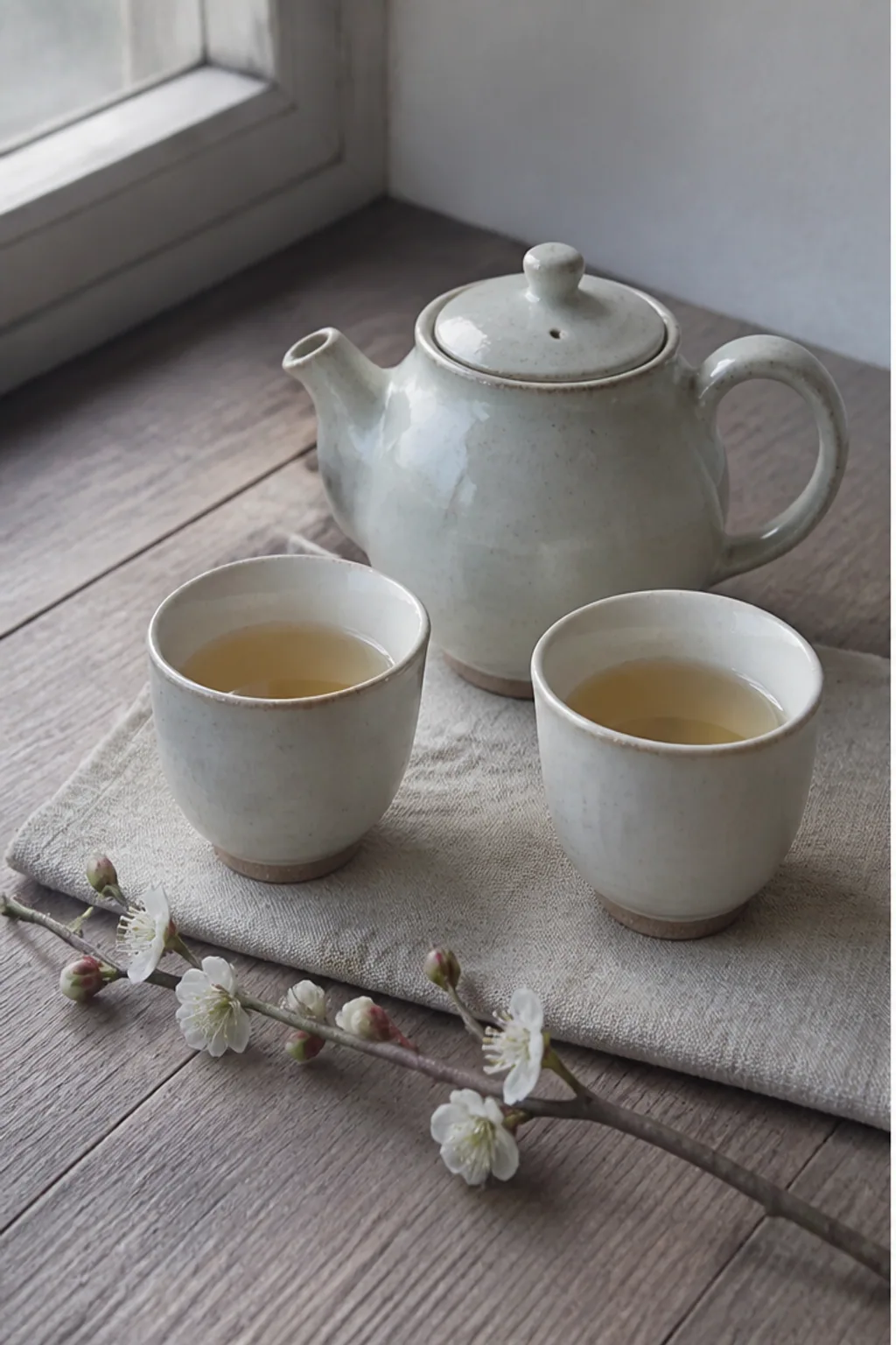 陶瓷茶壶茶杯与梅枝在窗边桌面的普通写实照片