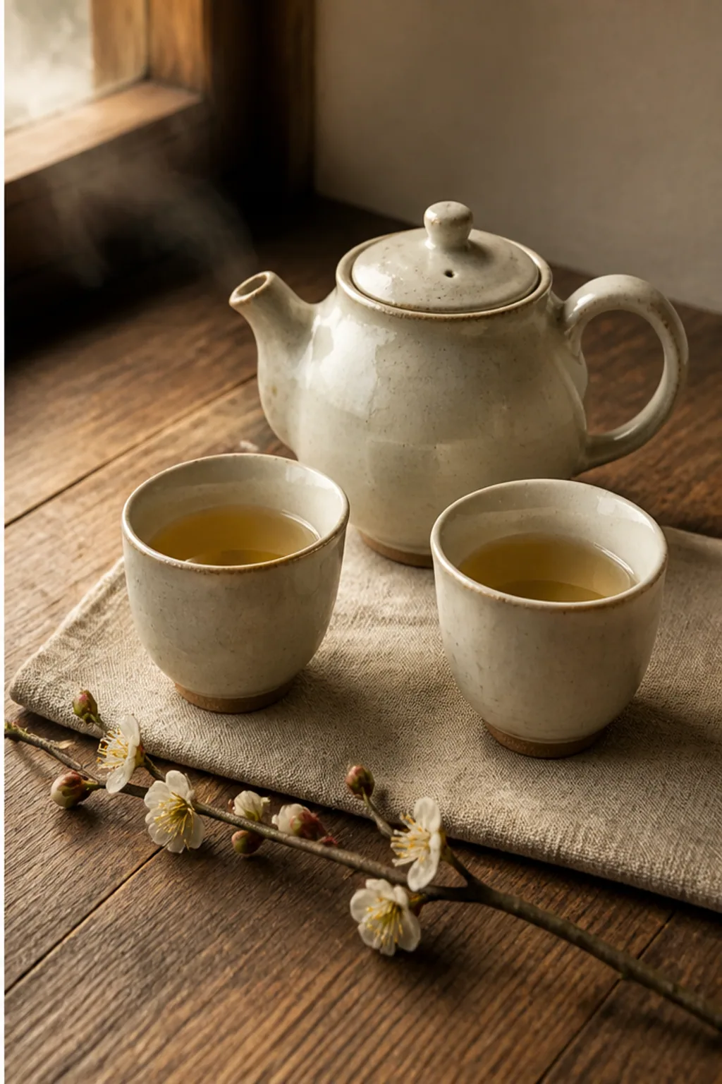 同一茶具静物经过真实材质与自然光强化的摄影级效果