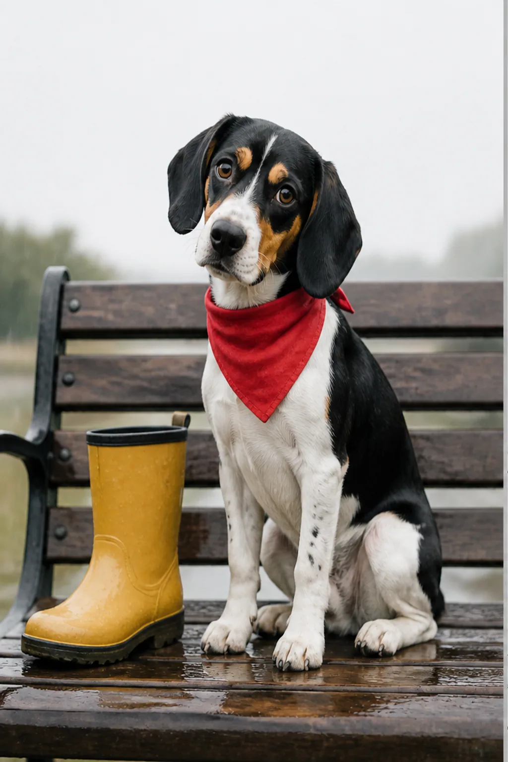 戴红围巾的小猎犬坐在公园长椅与雨靴旁的写实照片