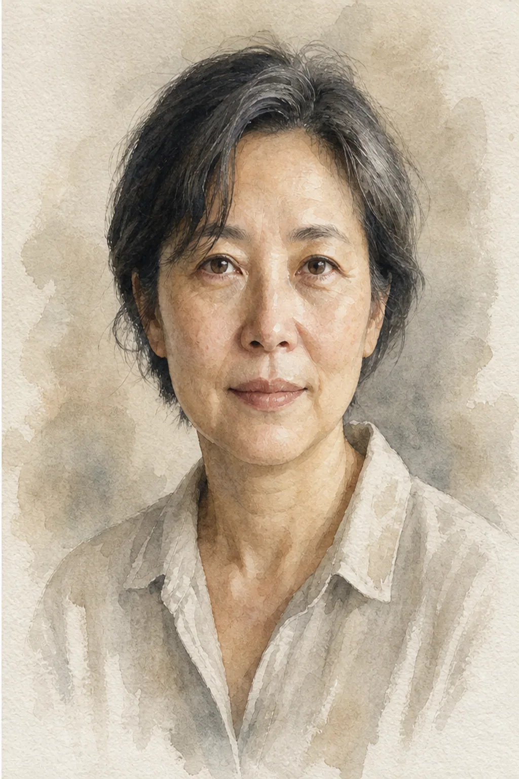 陶艺师肖像转化为保留成熟神态的透明叠色水彩作品